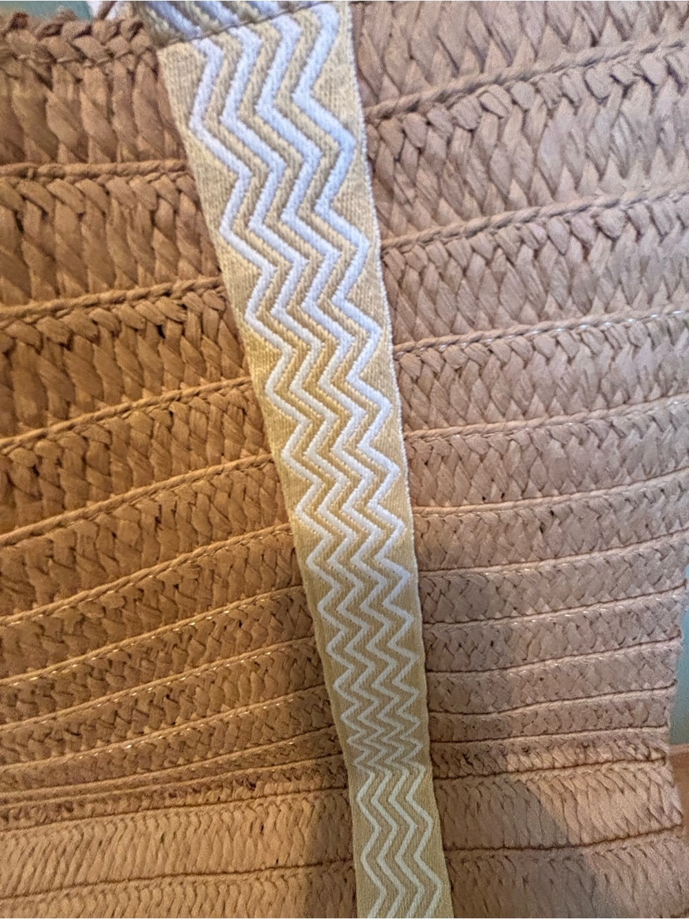 Novelty Straw woven Tote with Chevron Trim - Tan & Cream and linen lining - Picture 3 of 4
